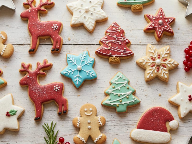 Bunt verzierte Sugar Cookies in Weihnachtsmotiven wie Sternen, Rentieren und Tannenbäumen.