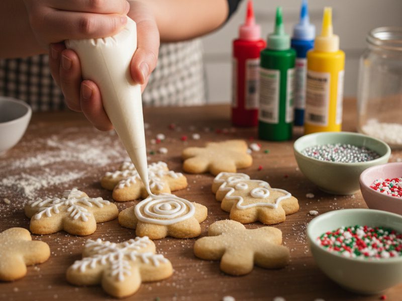 Hand spritzt weißen Zuckerguss auf frisch gebackene Sugar Cookies mit Weihnachtsdekoration.
