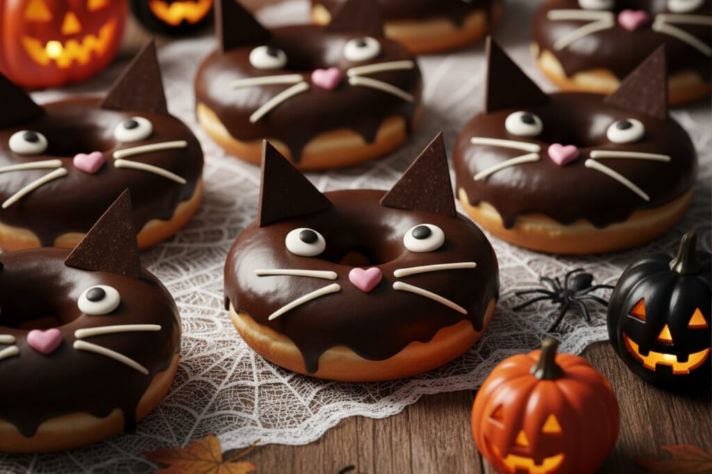 Schwarzer Katzen-Donut mit Schokoohren, Zuckeraugen und Zuckerschrift, niedliche Halloween Deko