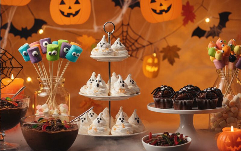 Süße Halloween-Snacks mit Geister-Baisers, Schokoladen-Cupcakes, Marshmallow-Monstern und Spinnen-Deko auf einer herbstlich geschmückten Tafel