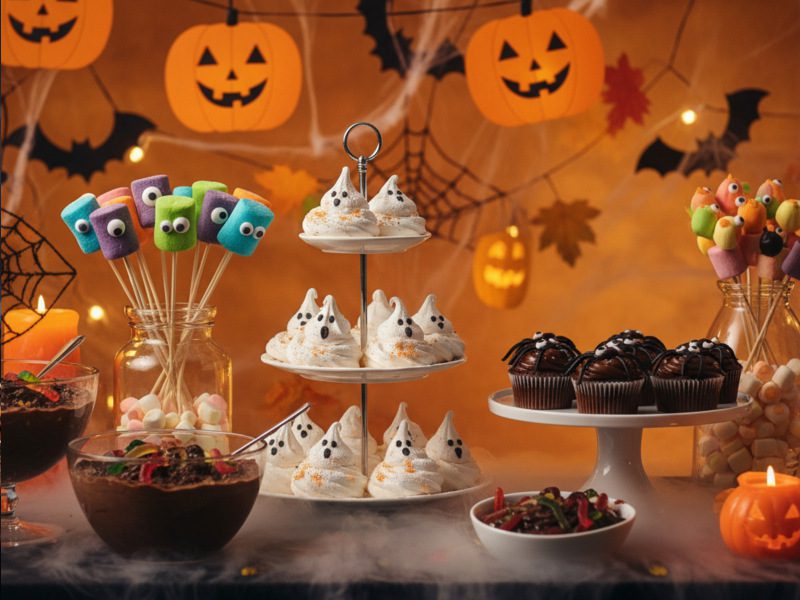Süße Halloween-Snacks mit Geister-Baisers, Schokoladen-Cupcakes, Marshmallow-Monstern und Spinnen-Deko auf einer herbstlich geschmückten Tafel