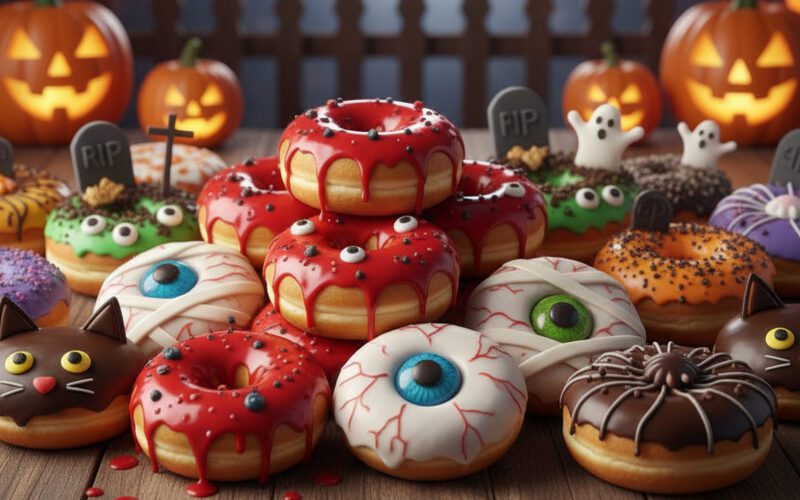 Gruselige Halloween-Donuts mit Augen, Blutglasur, Spinnen und Katzenmotiven vor leuchtenden Kürbissen