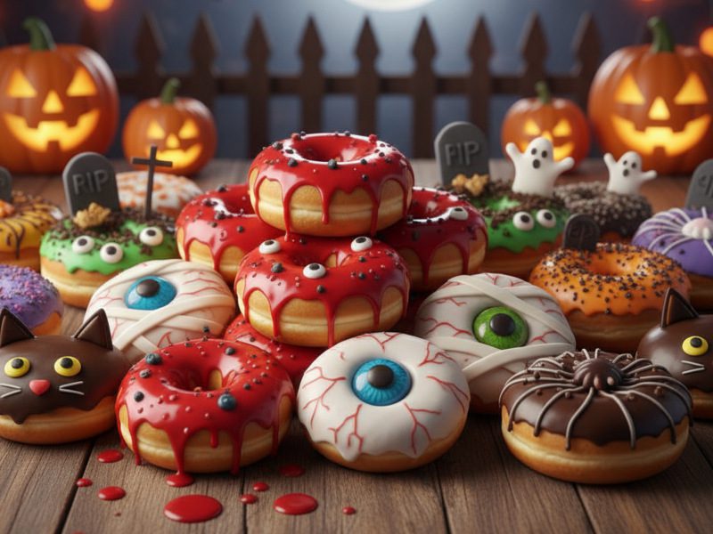 Gruselige Halloween-Donuts mit Augen, Blutglasur, Spinnen und Katzenmotiven vor leuchtenden Kürbissen