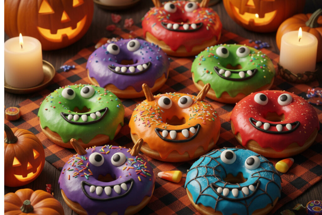 Bunte Monster-Donuts mit Zuckeraugen, Salzstangenhörnern und Glasur, perfekte Halloween Idee für Kinder
