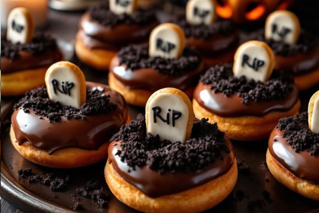Halloween Donut mit Schokoglasur, Oreo-Erde und Keks-Grabstein als süßer Friedhof