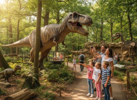 Familie erkundet lebensgroße Dinosaurier im Dinosaurier Museum Altmühltal und staunt über einen riesigen T-Rex im Wald