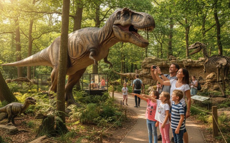 Familie erkundet lebensgroße Dinosaurier im Dinosaurier Museum Altmühltal und staunt über einen riesigen T-Rex im Wald