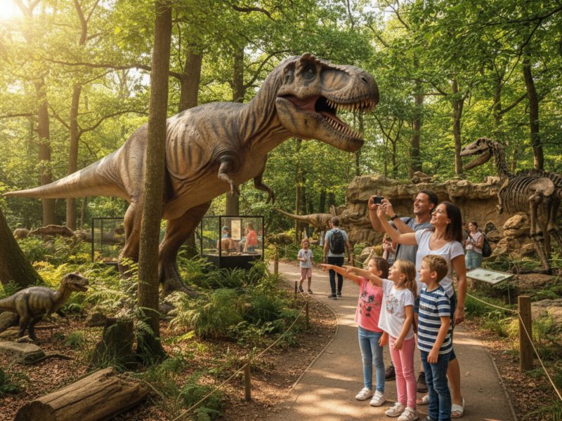 Familie erkundet lebensgroße Dinosaurier im Dinosaurier Museum Altmühltal und staunt über einen riesigen T-Rex im Wald