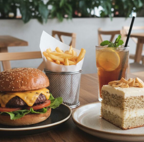 Cheeseburger mit Pommes, Eistee mit Zitrone und ein Stück Kuchen im Eatery Neumarkt