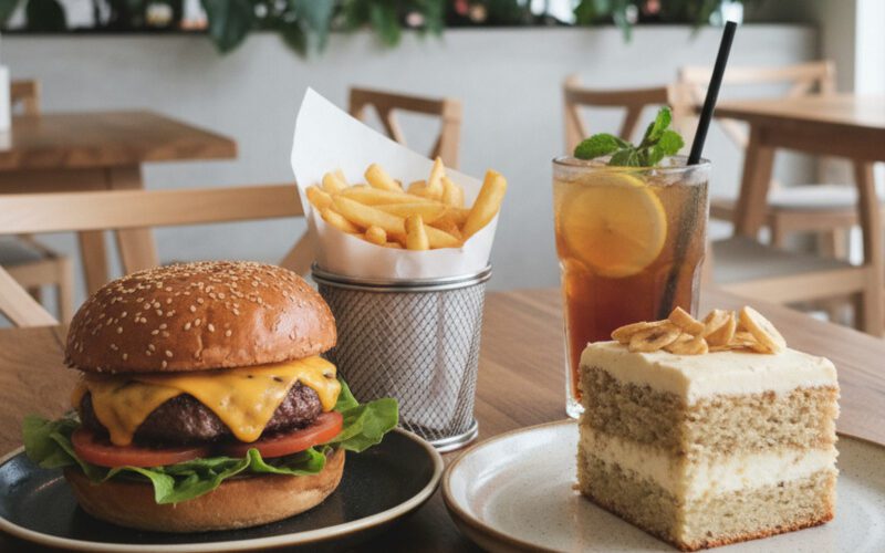 Cheeseburger mit Pommes, Eistee mit Zitrone und ein Stück Kuchen im Eatery Neumarkt