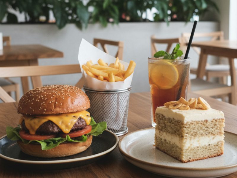 Cheeseburger mit Pommes, Eistee mit Zitrone und ein Stück Kuchen im Eatery Neumarkt