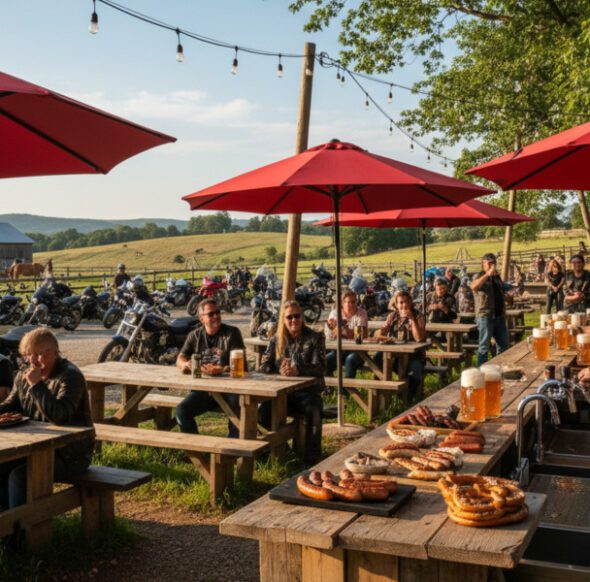 Motorradfahrerinnen und Motorradfahrer genießen Bier, Brezeln und Bratwürste im Biergarten der Fichten Ranch Hohenfels bei Sonnenschein