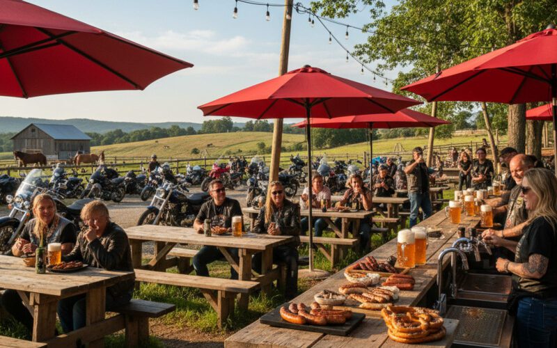 Motorradfahrerinnen und Motorradfahrer genießen Bier, Brezeln und Bratwürste im Biergarten der Fichten Ranch Hohenfels bei Sonnenschein