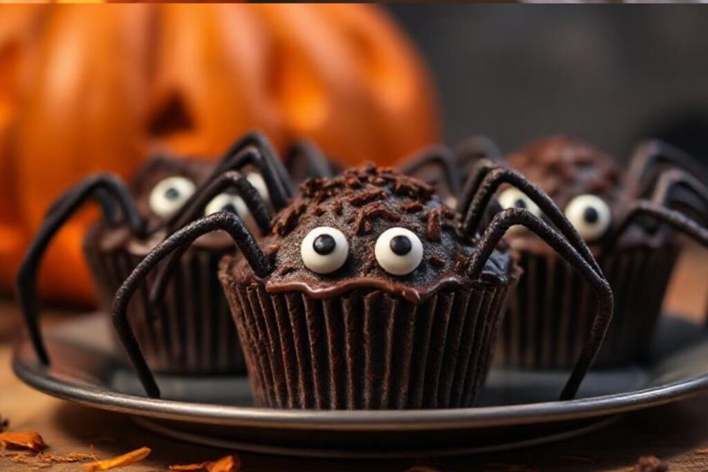 Schokoladen-Cupcakes als Halloween Snack – dekoriert mit Zuckeraugen und Lakritzbeinen wie kleine Spinnen, kinderleicht selber machen