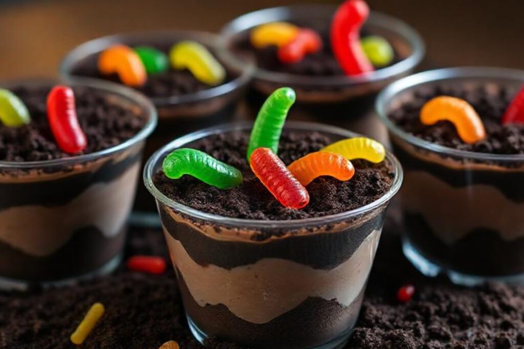 Schokoladenpudding mit Oreo-Keks-Erde und Gummiwürmern – gruseliger Halloween Snack im Becher für Kinder und Erwachsene