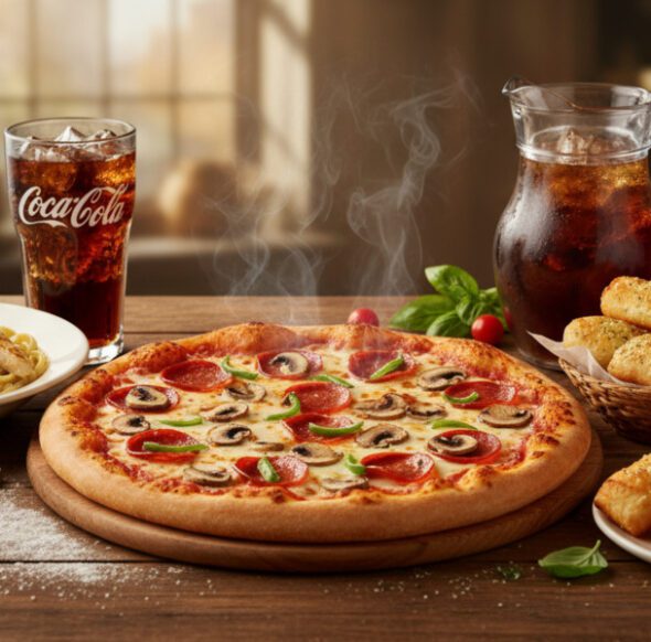 Frische Pizza mit Pepperoni, Champignons und Basilikum, serviert mit Pasta, Knoblauchbrot und Cola bei Pizza Hut Nürnberg