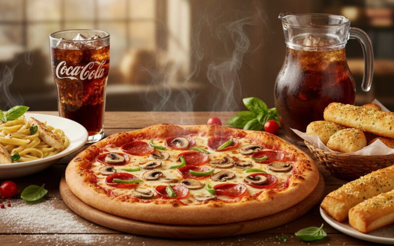 Frische Pizza mit Pepperoni, Champignons und Basilikum, serviert mit Pasta, Knoblauchbrot und Cola bei Pizza Hut Nürnberg