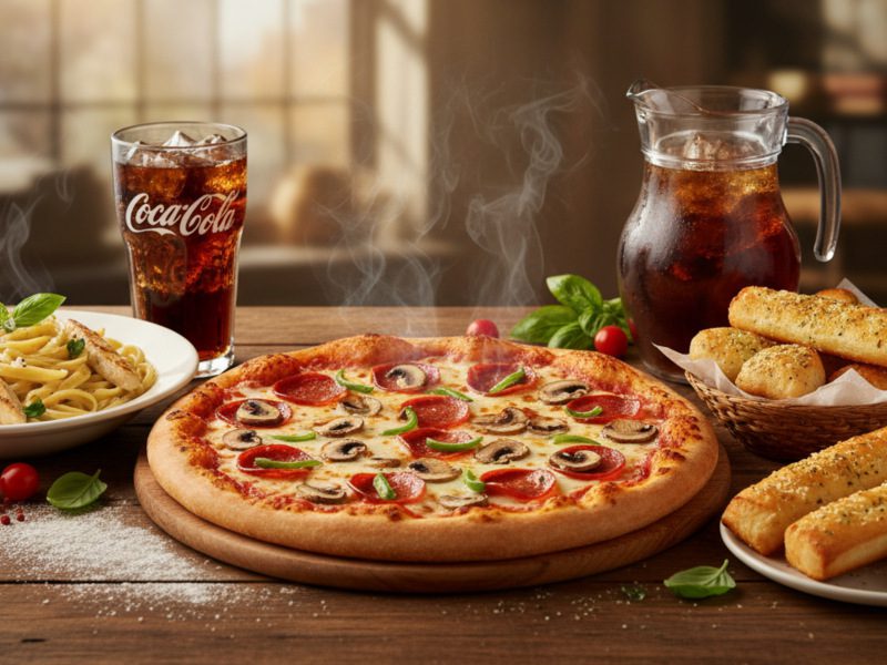 Frische Pizza mit Pepperoni, Champignons und Basilikum, serviert mit Pasta, Knoblauchbrot und Cola bei Pizza Hut Nürnberg