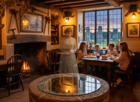 Historischer Pub in Avebury mit Kaminfeuer, Familie beim Essen und geheimnisvoller Geistererscheinung