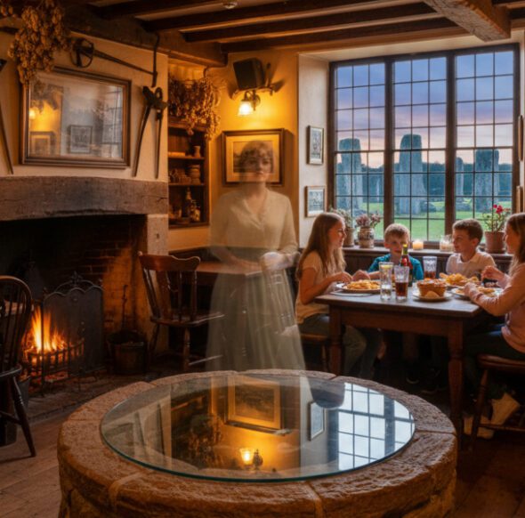 Historischer Pub in Avebury mit Kaminfeuer, Familie beim Essen und geheimnisvoller Geistererscheinung
