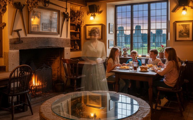 Historischer Pub in Avebury mit Kaminfeuer, Familie beim Essen und geheimnisvoller Geistererscheinung