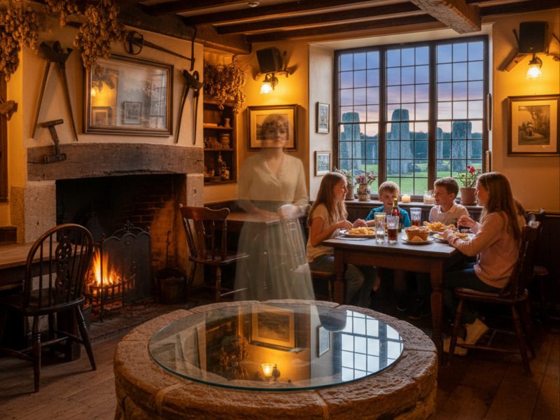 Historischer Pub in Avebury mit Kaminfeuer, Familie beim Essen und geheimnisvoller Geistererscheinung