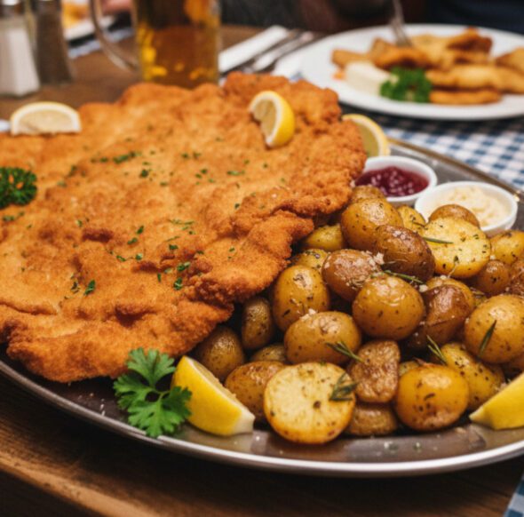Riesenschnitzel mit Bratkartoffeln, Zitronenspalten und Preiselbeeren im Schnitzelparadies Wendelstein