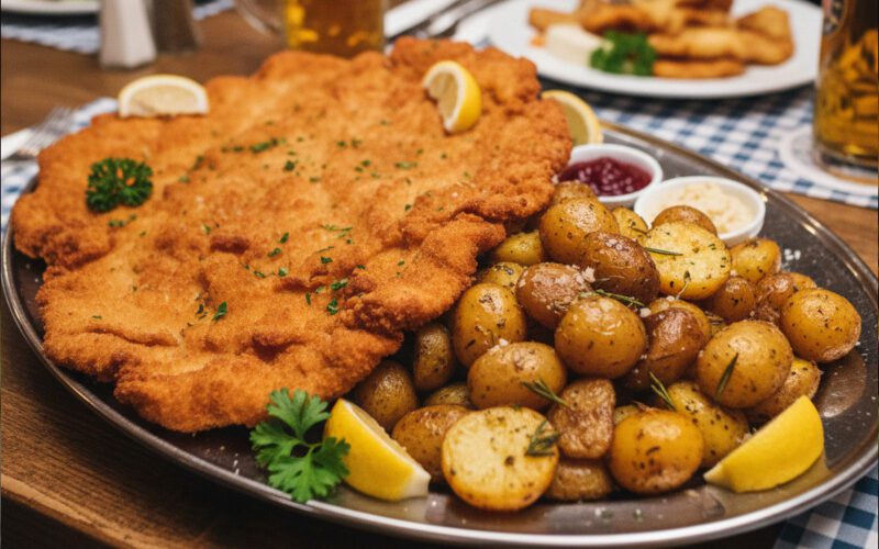 Riesenschnitzel mit Bratkartoffeln, Zitronenspalten und Preiselbeeren im Schnitzelparadies Wendelstein