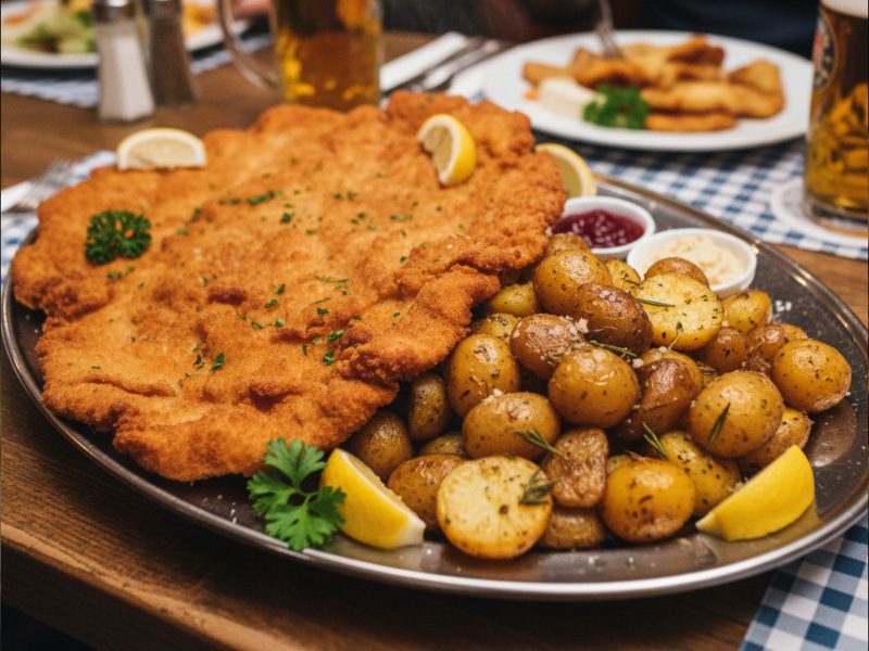 Riesenschnitzel mit Bratkartoffeln, Zitronenspalten und Preiselbeeren im Schnitzelparadies Wendelstein