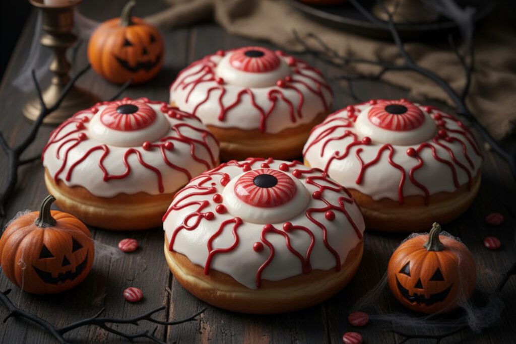 Creepy Augen-Donut mit weißer Glasur, roten Adern und Glotzer-Süßigkeit
