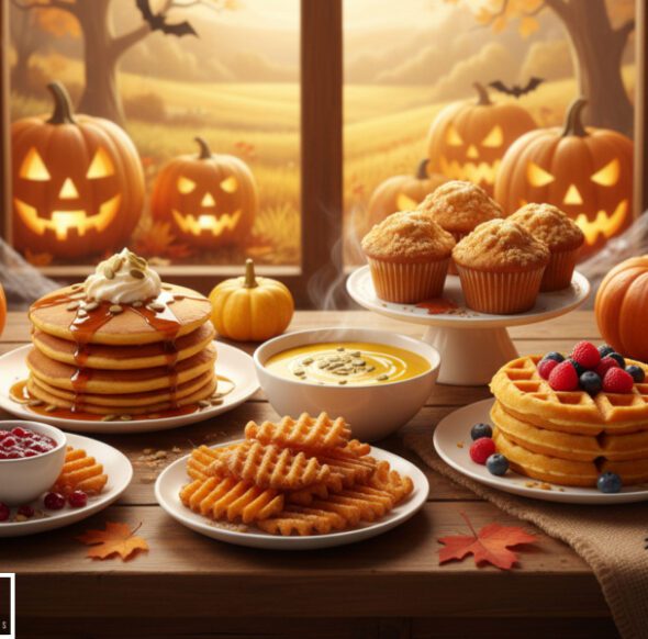 Kürbisgerichte wie Pancakes, Suppe, Muffins und Waffeln auf einem herbstlich gedeckten Tisch mit Kürbissen im Hintergrund