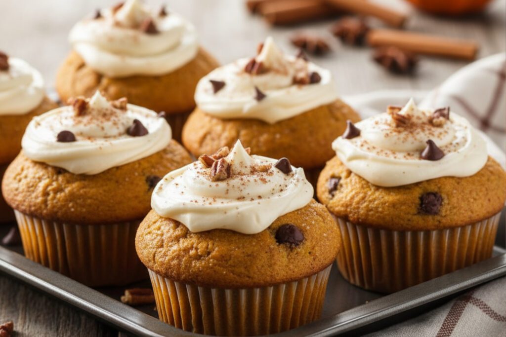Frische Kürbis-Muffins mit Sahnehaube und Schokostückchen – süßes Rezept für Kinder im Herbst