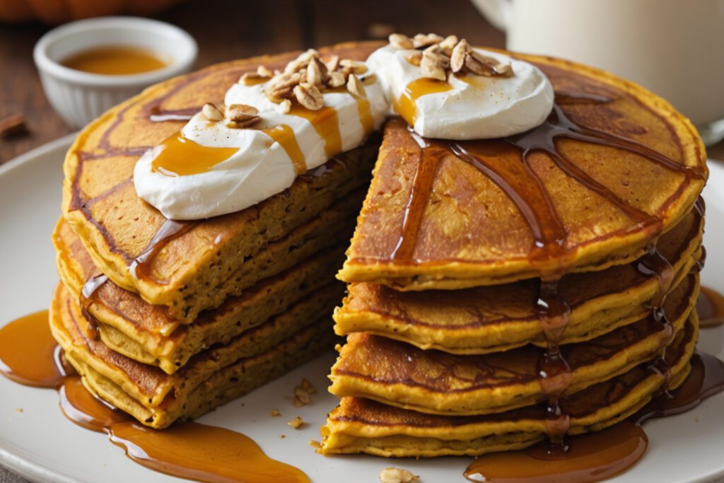 Gestapelte Kürbis-Pancakes mit Ahornsirup und Sahne – fluffiges Herbstfrühstück für Kinder