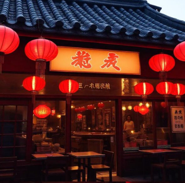 Außenansicht des Restaurants Genji Asia Neumarkt mit leuchtend roten Laternen am Abend.