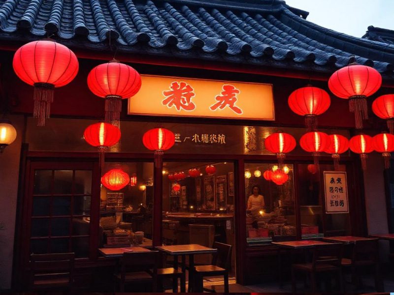 Außenansicht des Restaurants Genji Asia Neumarkt mit leuchtend roten Laternen am Abend.