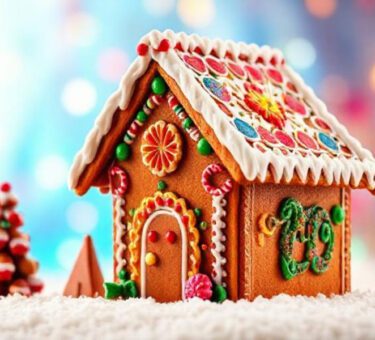 Lebkuchenhaus mit Zuckerguss und bunten Süßigkeiten auf weißem Schneehintergrund