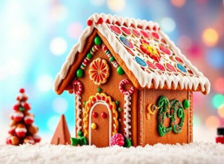 Lebkuchenhaus mit Zuckerguss und bunten Süßigkeiten auf weißem Schneehintergrund