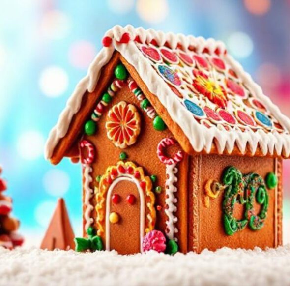 Lebkuchenhaus mit Zuckerguss und bunten Süßigkeiten auf weißem Schneehintergrund