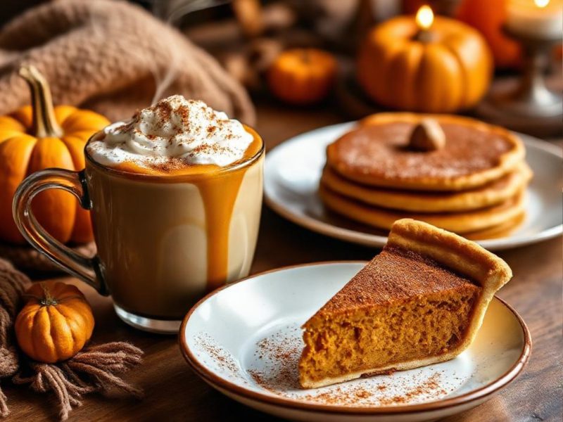 Ein herbstlich gedeckter Tisch mit einem Pumpkin-Spice-Latte, gestapelten Pancakes und einem Stück Pumpkin Pie, umgeben von Mini-Kürbissen und Kerzenlicht.