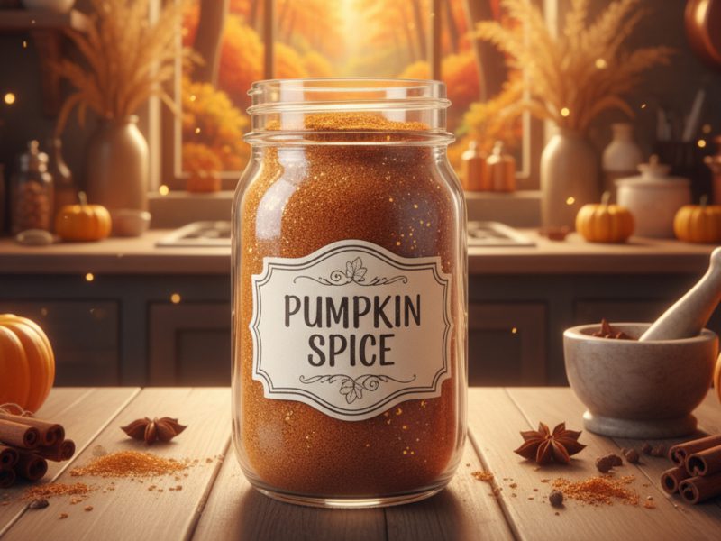 Ein Glas mit Pumpkin-Spice-Gewürz steht auf einem Holztisch in einer herbstlich dekorierten Küche. Zimtstangen und Sternanis liegen daneben – gemütliche Herbststimmung pur.