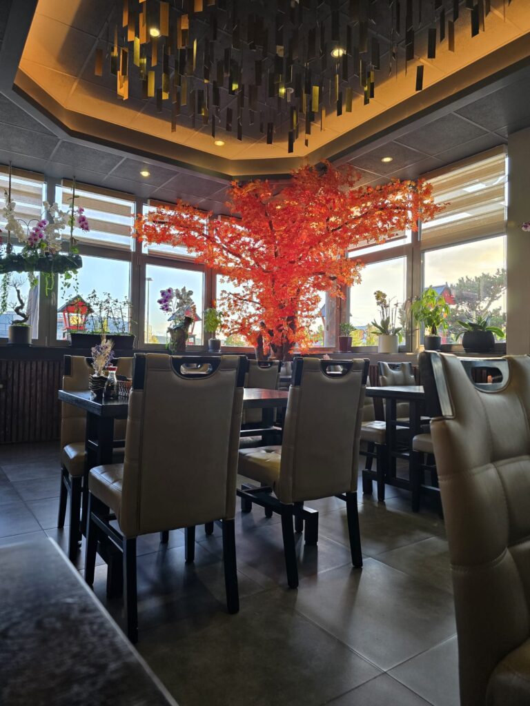 Roter Zierbaum und gemütliche Sitzplätze im Innenbereich des Genji Neumarkt – perfekte Atmosphäre für Date Night