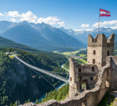 Mittelalterliche Burgruine Ehrenberg in Reutte, Tirol, mit österreichischer Flagge, Highline179 Hängebrücke und Dragon Fly Zipline bei blauem Himmel