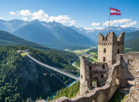 Mittelalterliche Burgruine Ehrenberg in Reutte, Tirol, mit österreichischer Flagge, Highline179 Hängebrücke und Dragon Fly Zipline bei blauem Himmel