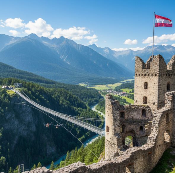 Mittelalterliche Burgruine Ehrenberg in Reutte, Tirol, mit österreichischer Flagge, Highline179 Hängebrücke und Dragon Fly Zipline bei blauem Himmel