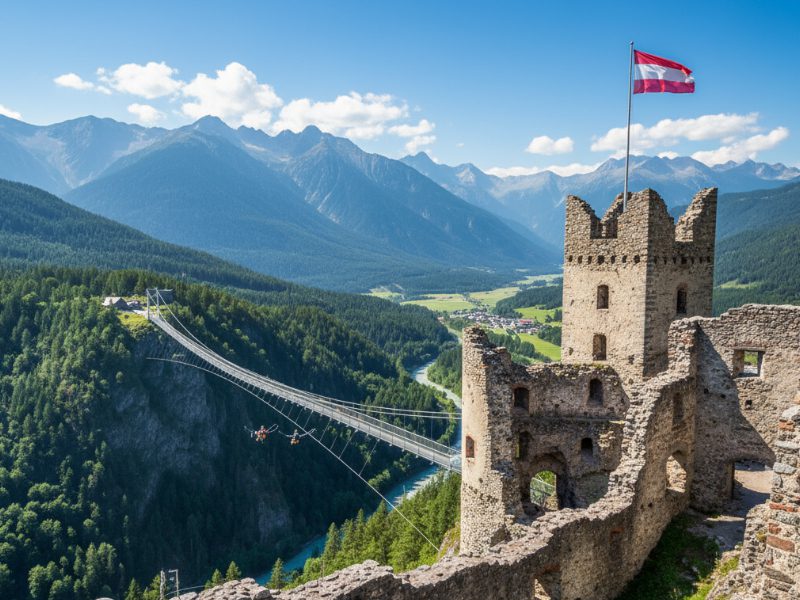 Mittelalterliche Burgruine Ehrenberg in Reutte, Tirol, mit österreichischer Flagge, Highline179 Hängebrücke und Dragon Fly Zipline bei blauem Himmel