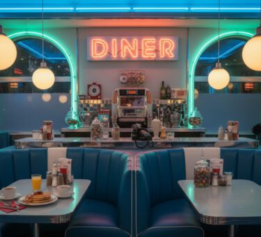 Innenansicht des Miss Pepper Diner Kammerstein mit blauem Retro-Sitz, Neonlichtern und typischem American-Diner-Flair