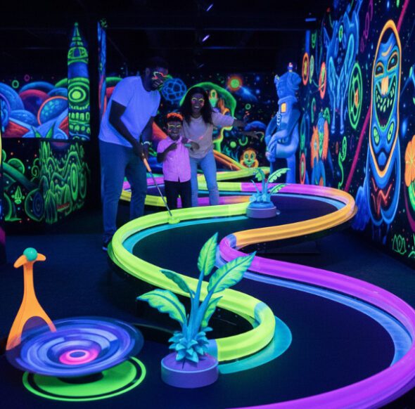 Familie spielt 3D-Schwarzlichtminigolf auf einer bunt leuchtenden Neonbahn mit starken UV-Farben und fantasievollen Wandmotiven.
