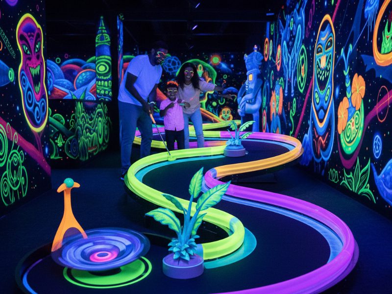 Familie spielt 3D-Schwarzlichtminigolf auf einer bunt leuchtenden Neonbahn mit starken UV-Farben und fantasievollen Wandmotiven.