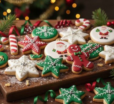 Bunt dekorierte Sugar Cookies in Weihnachtsformen wie Sternen, Tannenbäumen und Schneemännern.