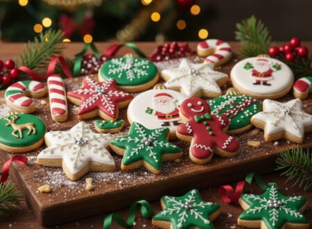 Bunt dekorierte Sugar Cookies in Weihnachtsformen wie Sternen, Tannenbäumen und Schneemännern.
